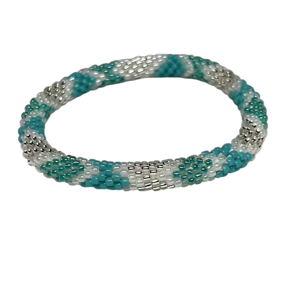 Handmade Sashka Glass  Beaded Bracelet in Turquoise and Silver| Boho| Gift
